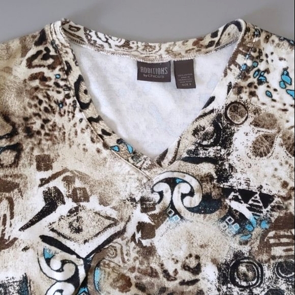 Chico's Short Sleeve Cotton V-neck Printed Top, Brown / Beige / Turquoise - Picture 3 of 7